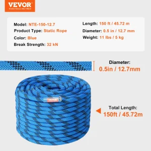 VEVOR 12.7mm Static 125/150/200ft Outdoor Rock Climbing Rope